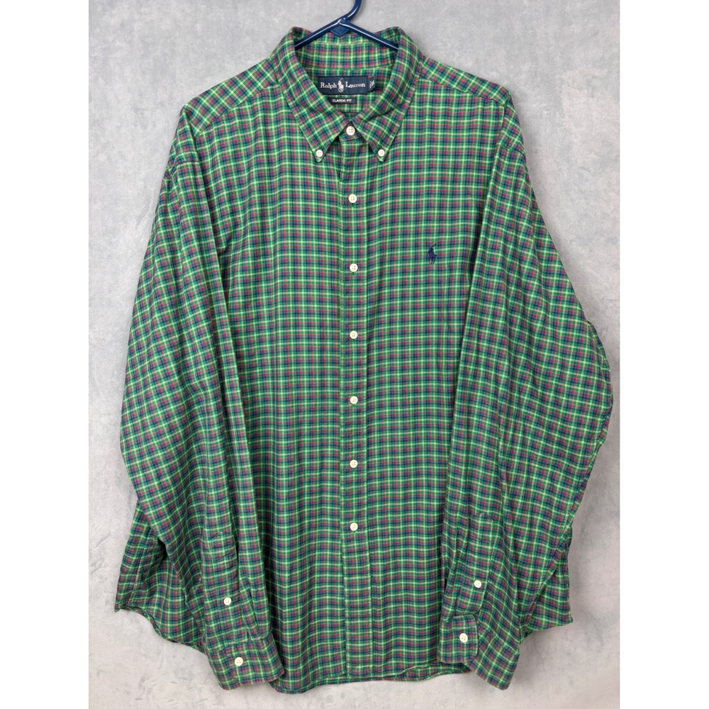 Ralph Lauren Mens XXL Classic Fit Green Plaid Cotton Button Down Shirt LS